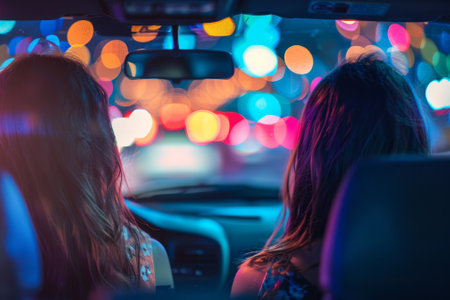 Two women are in a car, looking out the window at the city lights. The scene is blurry and colorful, giving a sense of motion and excitementの素材
