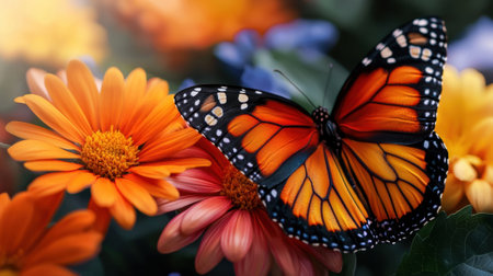A butterfly is resting on a flower. The butterfly is orange and blackの素材