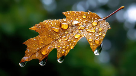 A leaf with raindrops on it. The leaf is brown and the raindrops are clearの素材