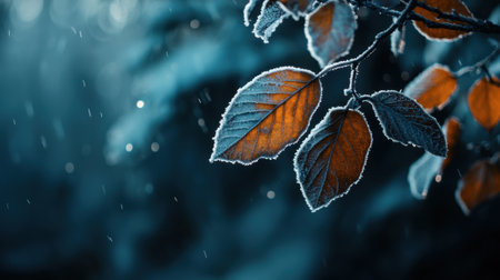 A leaf with frost on it is shown in a blue background. The leaf is surrounded by water droplets, giving the impression of a rainy day. Concept of calmness and tranquility, as the frosted leafの素材