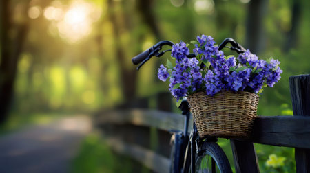 A bicycle with a basket full of flowers is parked next to a fence. The flowers are purple and the basket is woven. The scene is peaceful and sereneの素材