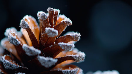 A snow covered pine cone with a few snowflakes on it. The pine cone is brown and the snow is whiteの素材