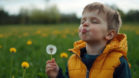A young boy is holding a dandelion and blowing on it. The scene is peaceful and serene, with the boy enjoying the simple pleasure of blowing on the flowerの素材