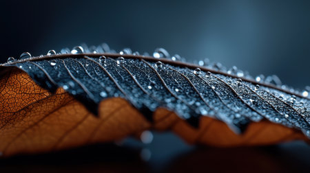 A leaf with water droplets on it. The droplets are small and scattered, giving the leaf a wet and fresh appearanceの素材