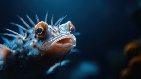 A fish with a mouth open and eyes looking at the camera. The fish is in a dark blue oceanの素材