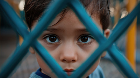 A young boy with brown hair and brown eyes is looking through a blue fence. The fence is made of metal and is blue and yellow. The boy's eyes are wide openの素材
