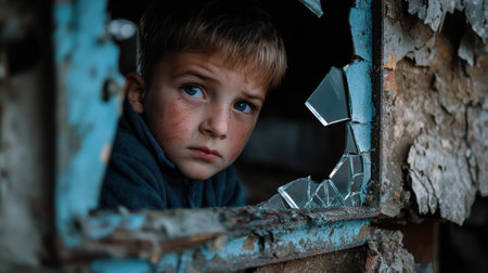 A boy with blue eyes is looking out of a window with a broken pane. The window is dirty and the boy appears to be sadの素材