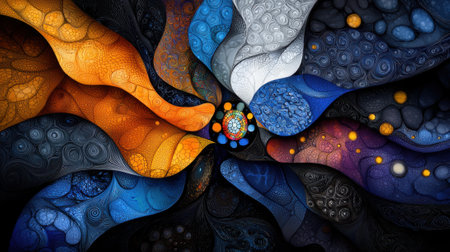 A colorful abstract painting with a blue and orange swirl. The painting is full of different colors and shapes, creating a sense of movement and energy. The overall mood of the painting is vibrantの素材