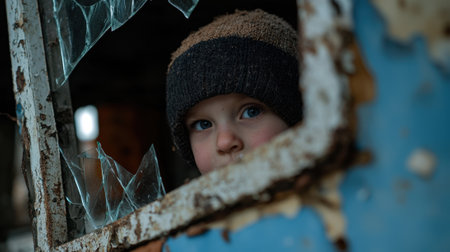 A young boy with a hat and blue eyes looking out a window. The window is broken and the boy is looking out of itの素材