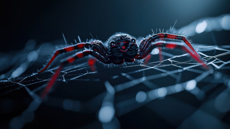 A spider is on a web with red and black markings. The spider is the main focus of the image, and the web is the background. The spider appears to be in a dark and moody setting, with the redの素材