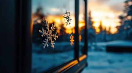 A window with three snowflakes on it, reflecting the sun. The snowflakes are small and intricate, and they are positioned in such a way that they create a sense of calm and tranquilityの素材