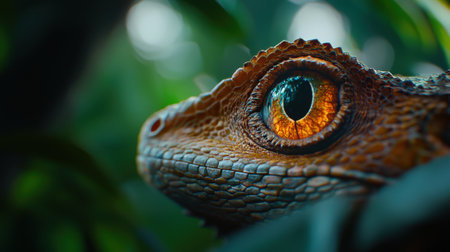 A close up of a lizard's eye with a green background. The eye is large and has a bright orange colorの素材