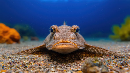 A fish is looking at the camera in the sand. The fish is brown and has a black eyeの素材