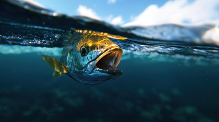 A fish is swimming in the ocean with its mouth open. The water is blue and the sky is clearの素材