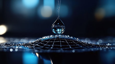 A drop of water is sitting on a web of water droplets. Concept of calmness and serenity, as the water droplets seem to be suspended in mid-airの素材