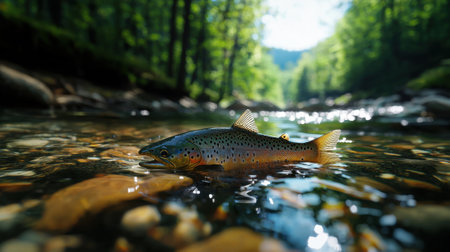 A brown fish is swimming in a river. The water is clear and the fish is surrounded by rocksの素材