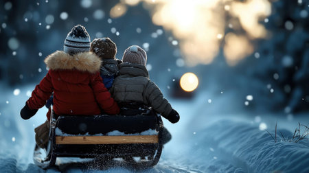 A family of three children are riding a sled down a snowy road. The children are wearing winter clothing and are enjoying the ride. The scene is peaceful and joyful, with the children laughingの素材