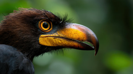 A bird with a yellow beak and brown feathers is standing in front of a green background. The bird's beak is prominently visible, and its feathers are a mix of brown and yellowの素材
