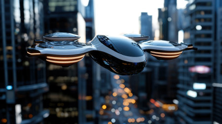 A futuristic flying machine is hovering over a city. The city is lit up with lights, giving the scene a futuristic and technological vibeの素材