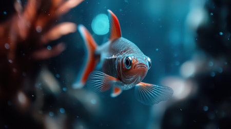 A fish is swimming in a blue and red aquarium. The fish is small and has a red stripe on its sideの素材