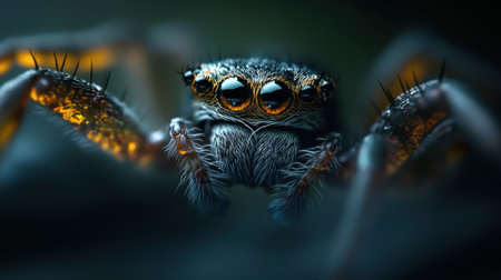 A spider is shown in a close up of its face. The spider is black and yellow. The spider has a yellow eye and two black eyesの素材