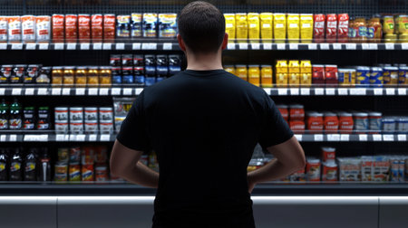 A man is standing in a store aisle looking at the shelves. The store is filled with a variety of products, including soda, juice, and other beverages. The man is browsing the selectionの素材