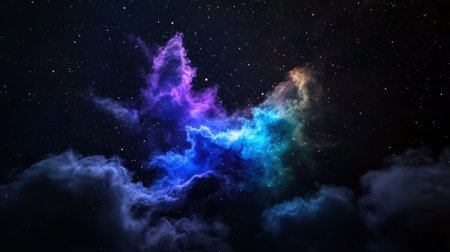 A colorful cloud of gas and dust in space. The colors are blue, purple, and greenの素材