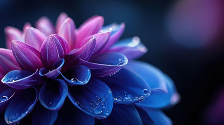 A close up of a blue flower with a pink center. The flower is drooping and has a wet look to itの素材