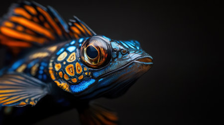 A fish with a blue and orange body and a gold eye. The fish is in a black backgroundの素材