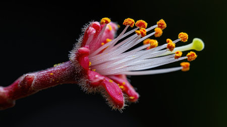 A close up of a flower with a stem. The flower is red and has yellow spots. Concept of beauty and delicacyの素材