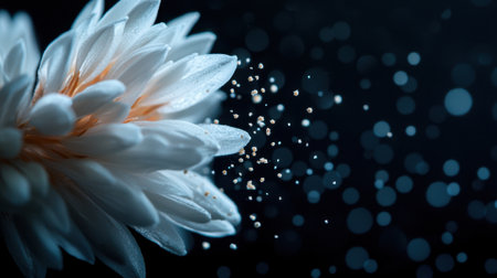 A close up of a white flower with a lot of dust on it. The flower is surrounded by a dark background with a lot of light and dark spotsの素材