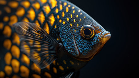 A fish with a blue and yellow pattern on its body. The fish is looking at the cameraの素材