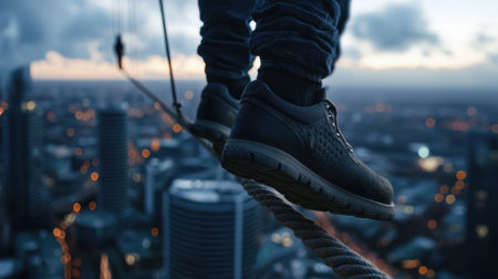 A man is walking on a tightrope in the middle of a city. The city is lit up with lights, creating a moody atmosphereの素材