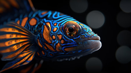 A fish with orange and blue stripes on its face. The fish is in a black background. The fish is the main focus of the imageの素材