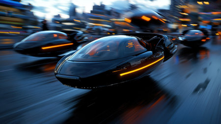 Three futuristic cars are flying through the air, with one of them having a bright orange stripe. The scene is set in a city, with buildings and lights in the background. The cars are moving quicklyの素材