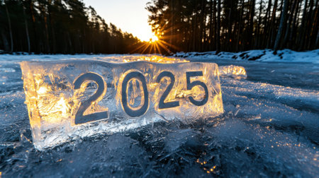 A block of ice with the number 2015 written on it. The image has a serene and peaceful mood, as it is set in a snowy forest with a beautiful sunset in the backgroundの素材