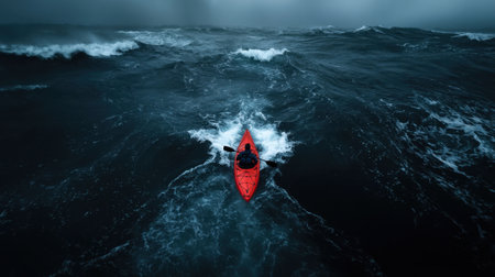 A man in a red kayak is paddling through rough waters. Concept of adventure and excitement, as the man navigates the choppy waves. The contrast between the man's small boatの素材