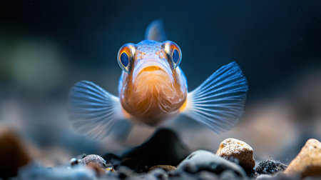 A fish is looking at the camera with its mouth open. The fish is in a tank with rocks and gravelの素材