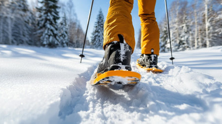 A person is walking in the snow with skis on. The skis are yellow and blackの素材