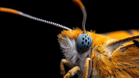 A close up of a butterfly's head with a blue eye. The butterfly is orange and blackの素材