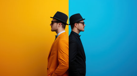 Two men wearing suits and hats stand side by side, one in an orange suit and the other in a black suit. The image has a playful and lighthearted moodの素材