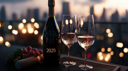 A bottle of wine with the year 2025 on it is next to two wine glasses. The scene is set in a city at night, with the city lights shining on the wine glasses and the bottleの素材