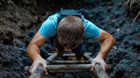 A man is climbing a ladder in a muddy hole. He is wearing a blue shirt and a backpackの素材