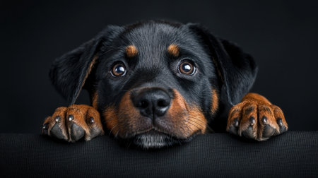 A black and brown dog with brown eyes is looking at the camera. The dog is looking at the camera with a curious expressionの素材