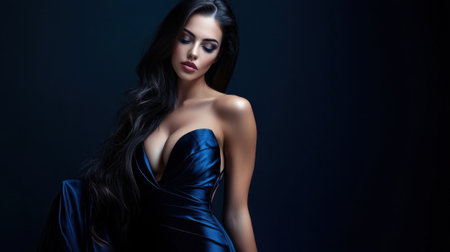 A woman in a blue dress is standing in front of a dark background. She has long hair and is wearing makeupの素材