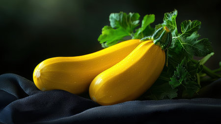 Two yellow squash are sitting on a black cloth. The squash are fresh and ripe, and they are surrounded by green leaves. Concept of freshness and abundance, as the squash are a healthyの素材