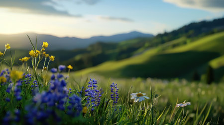 A beautiful field of flowers with a blue sky in the background. The flowers are a mix of yellow and blue, creating a vibrant and colorful sceneの素材