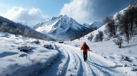 A man in an orange jacket is walking on a snowy road in the mountains. The scene is peaceful and serene, with the snow-covered landscape and the man's presence creating a sense of solitudeの素材