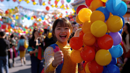 A girl is holding a bunch of balloons and smiling. The balloons are in various colors, including red, yellow, and blue. The scene appears to be a festive event, possibly a carnival or a partyの素材