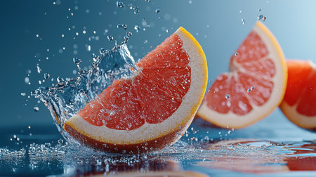 A slice of grapefruit is in the water, with the juice splashing out. Concept of freshness and vitality, as the grapefruit is a healthy and nutritious fruitの素材